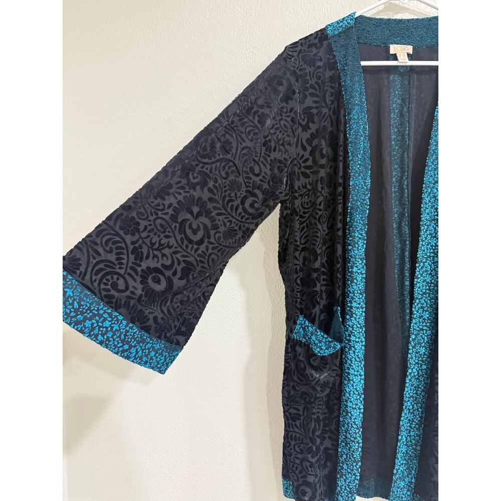 LOGO Lavish Lori Goldstein Burnout Velvet Kimono Duster Black Teal Boho Size 1X - Picture 4 of 6